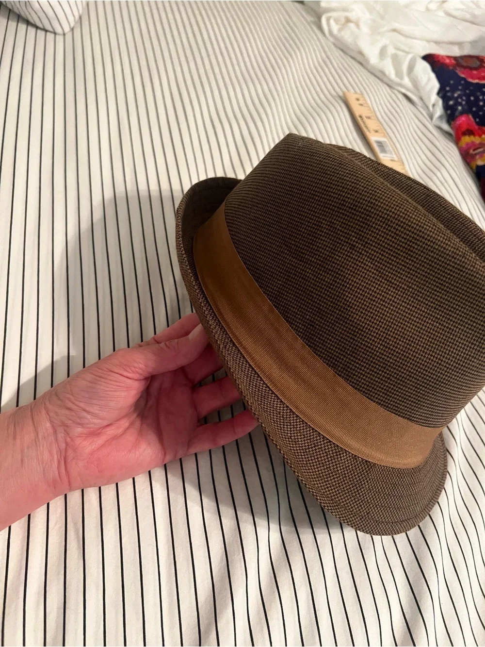 BDG Urban Outfitters Y2K Houndstooth Fedora Hat With Brown Grosgrain Band